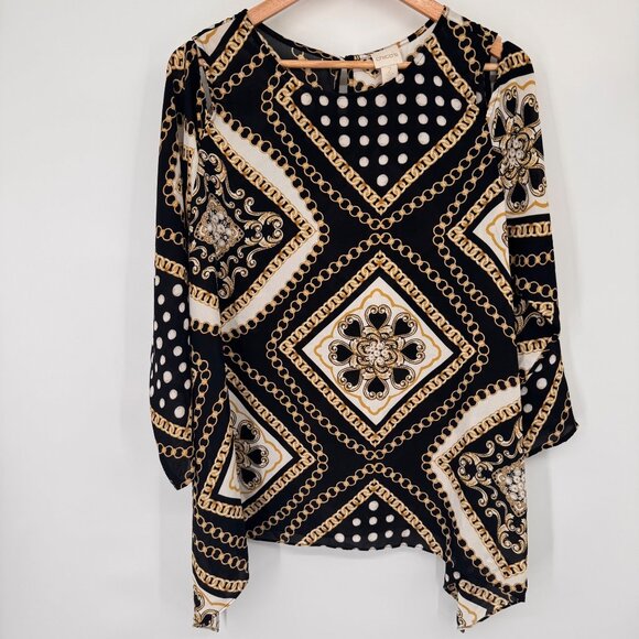 Chicos 2 Womens Black Gold Geometric Chain Print cold shoulder Blouse Size large - Picture 2 of 10